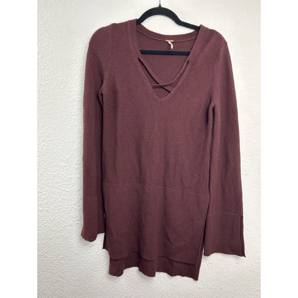 Free People Boho Mocha Brown Criss Cross Side Slit Knit Sweater Tunic Size Small